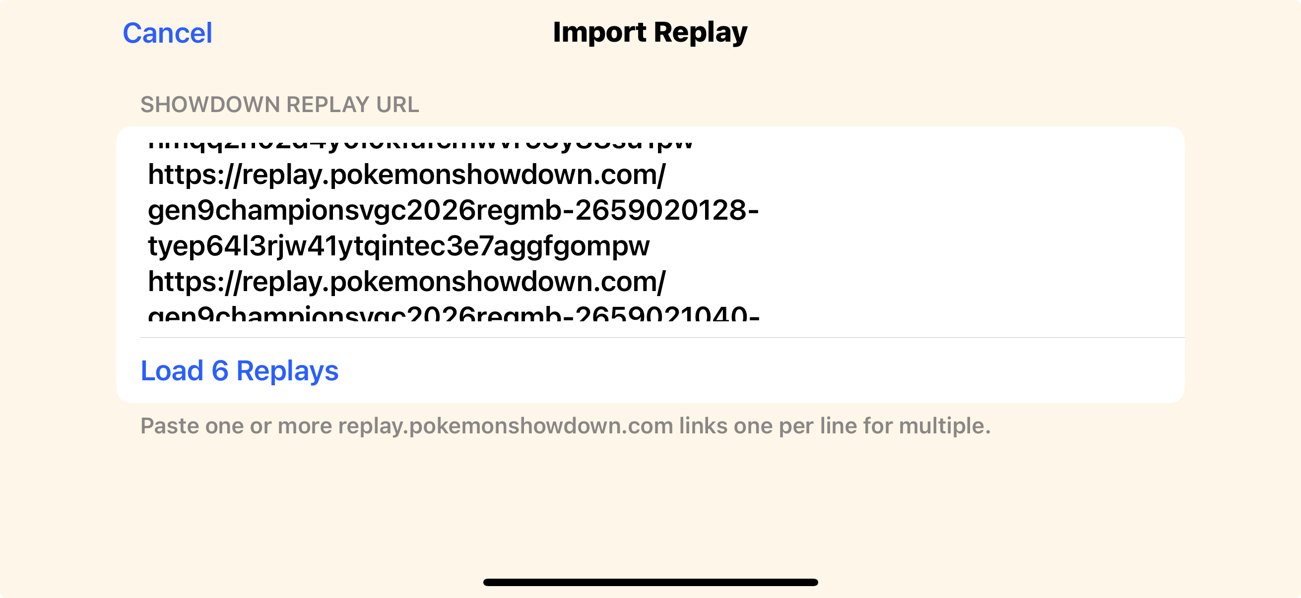 The Import Replay sheet with a Showdown URL entered and the which-side-is-you picker