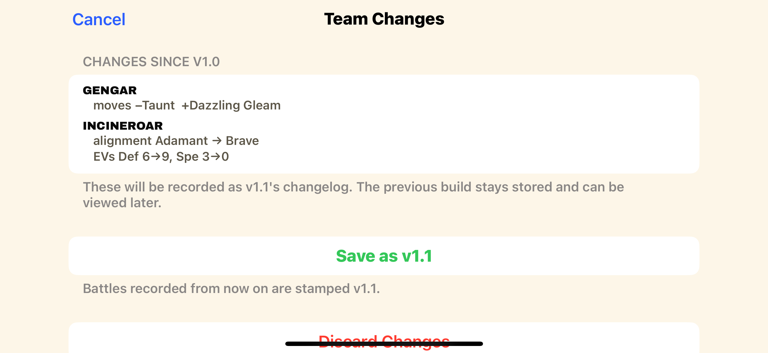 The Save as version sheet with its auto-generated changelog